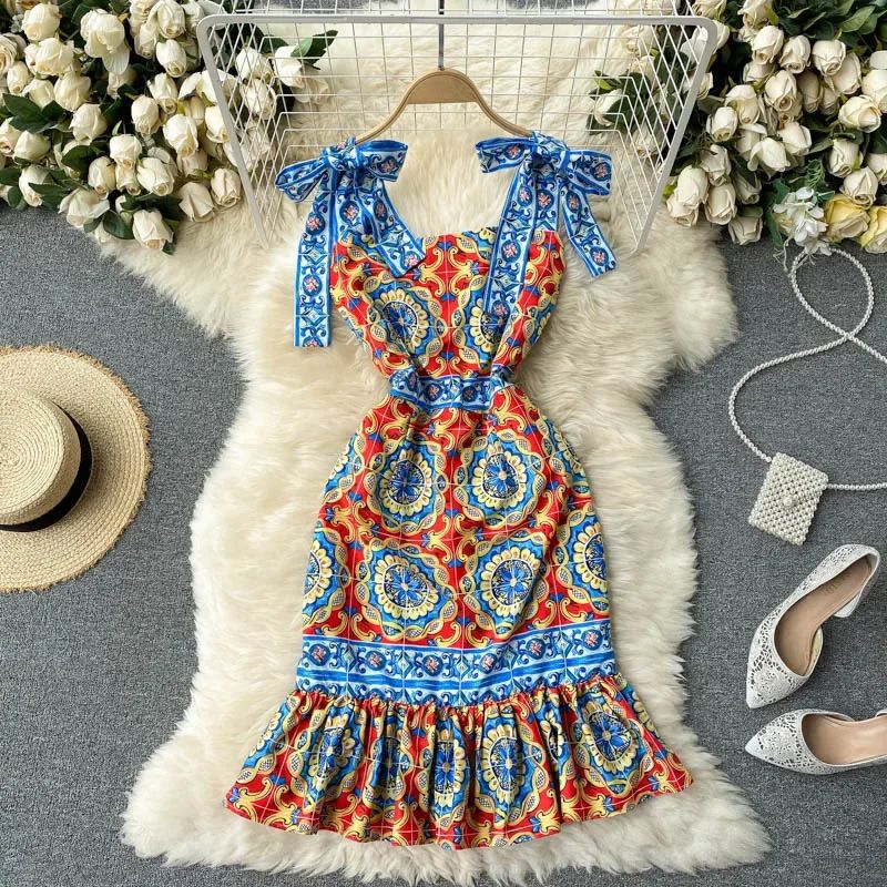 Summer Fashion New Retro Vestidos Female Print Bow Decoration Square Neck Strap Midi Dress GK600 | AliExpress (US)