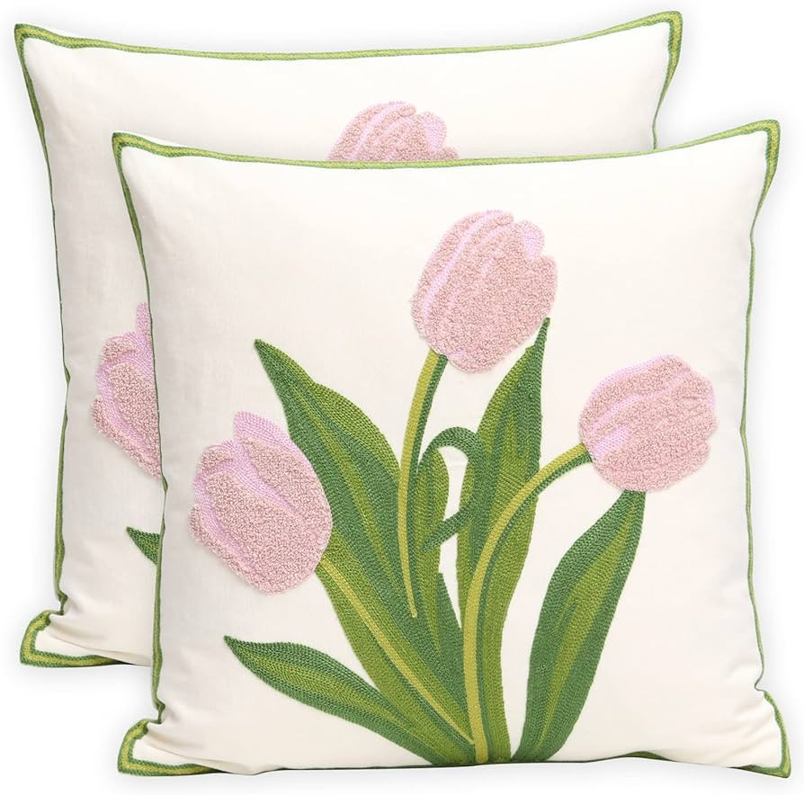 Pack of 2 Embroidered Decorative Throw Pillow Cover 18x18 Inch Farmhouse Floral Pillowcase for Li... | Amazon (US)