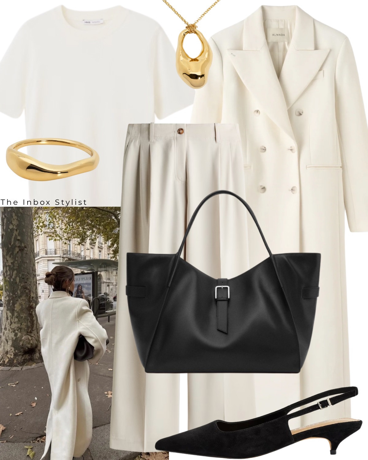 Keep it clean and fresh in an all white outfit. 

Including double breasted coat, short sleeve knit jumper, cream tailored trousers, black tote handbag, black slingback heels, gold ring, gold necklace  

#LTKspring #LTKstyletip #LTKuk