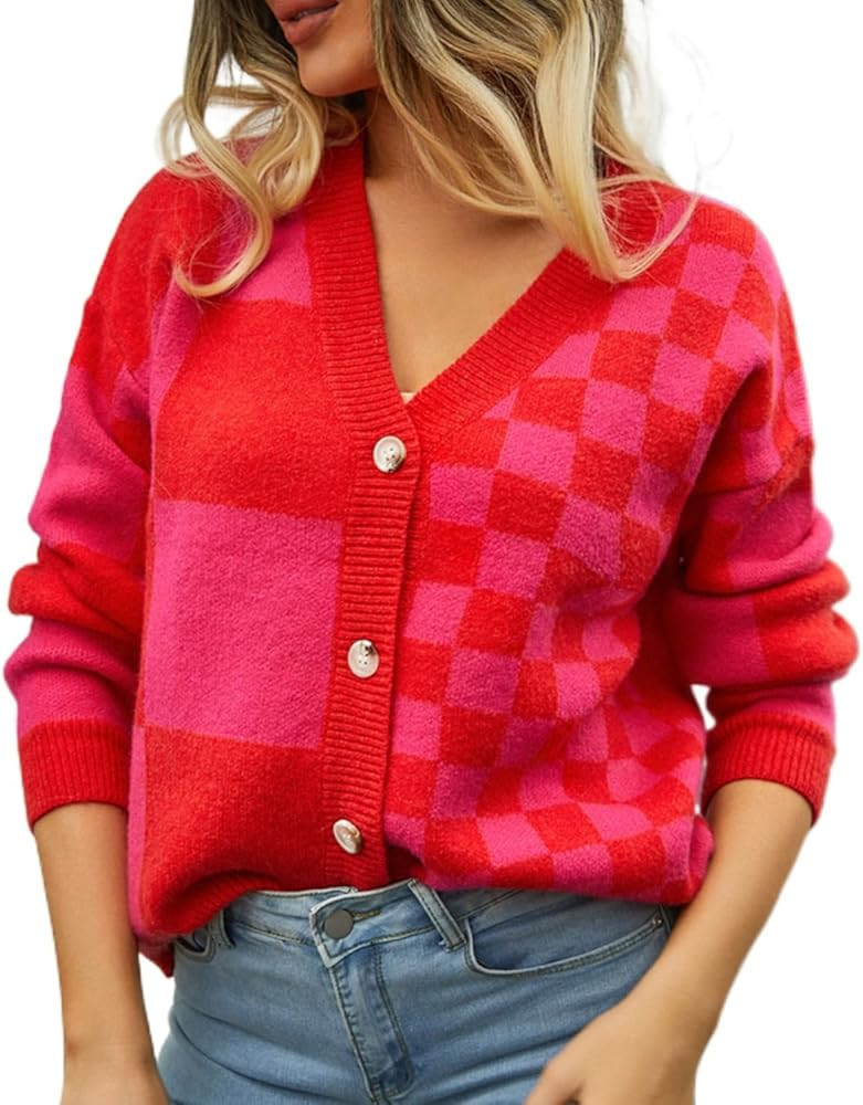 Womens Color Block Plaid Button Down Cardigan Long Sleeve Cable Knit Checkered Sweaters Tops Y2k ... | Amazon (US)