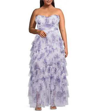 Plus Size Floral Printed Mesh Strapless Tiered A-Line Dress | Dillard's