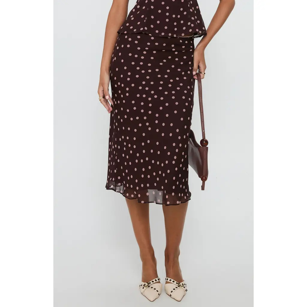 Princess Polly Sydni Dot Bias Cut Midi Skirt in Chocolate/Pink Polka at Nordstrom, Size 8 | Nordstrom