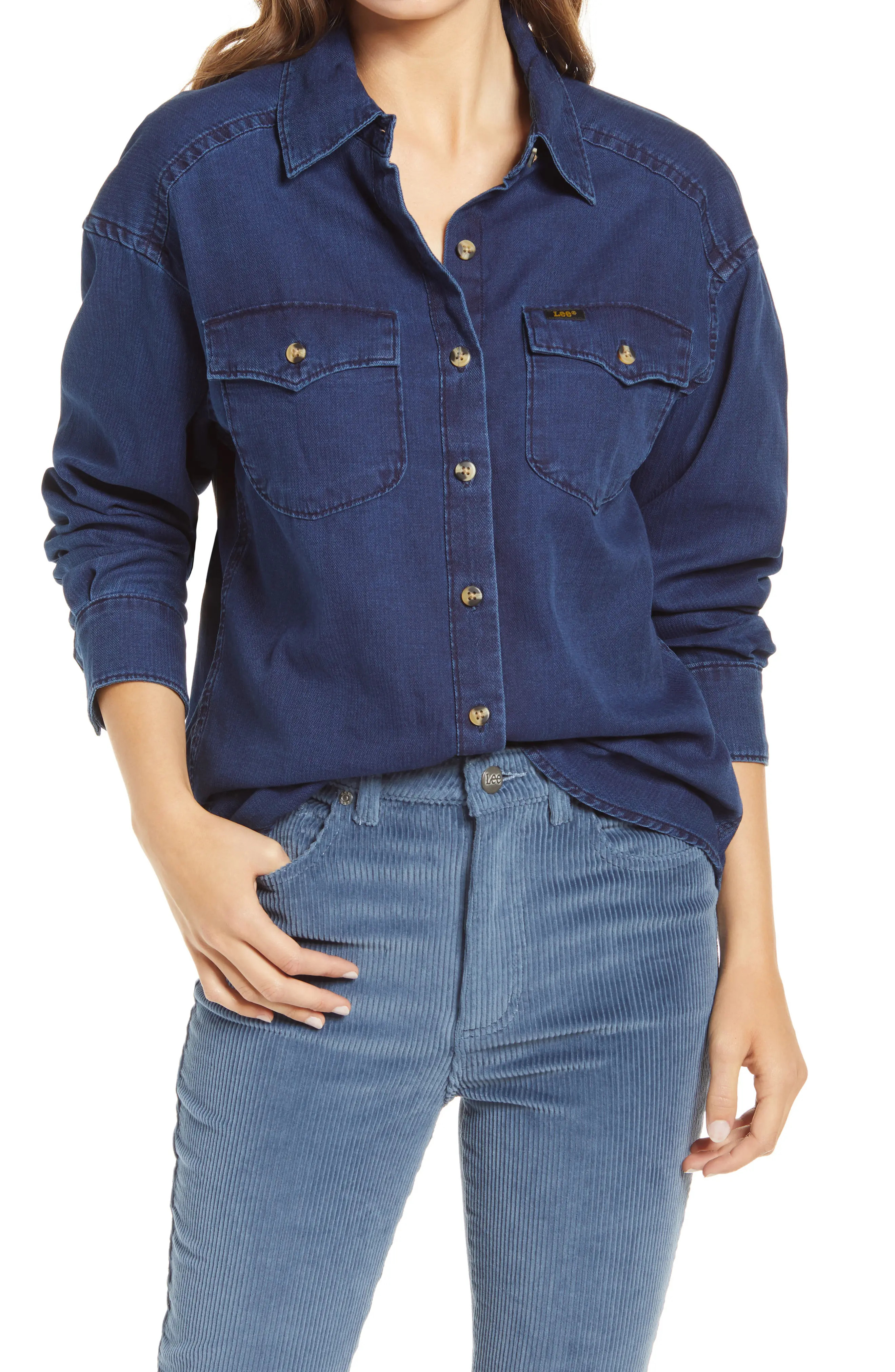 Women's Lee Frontier Western Button Front Denim Shirt, Size Large - Blue | Nordstrom