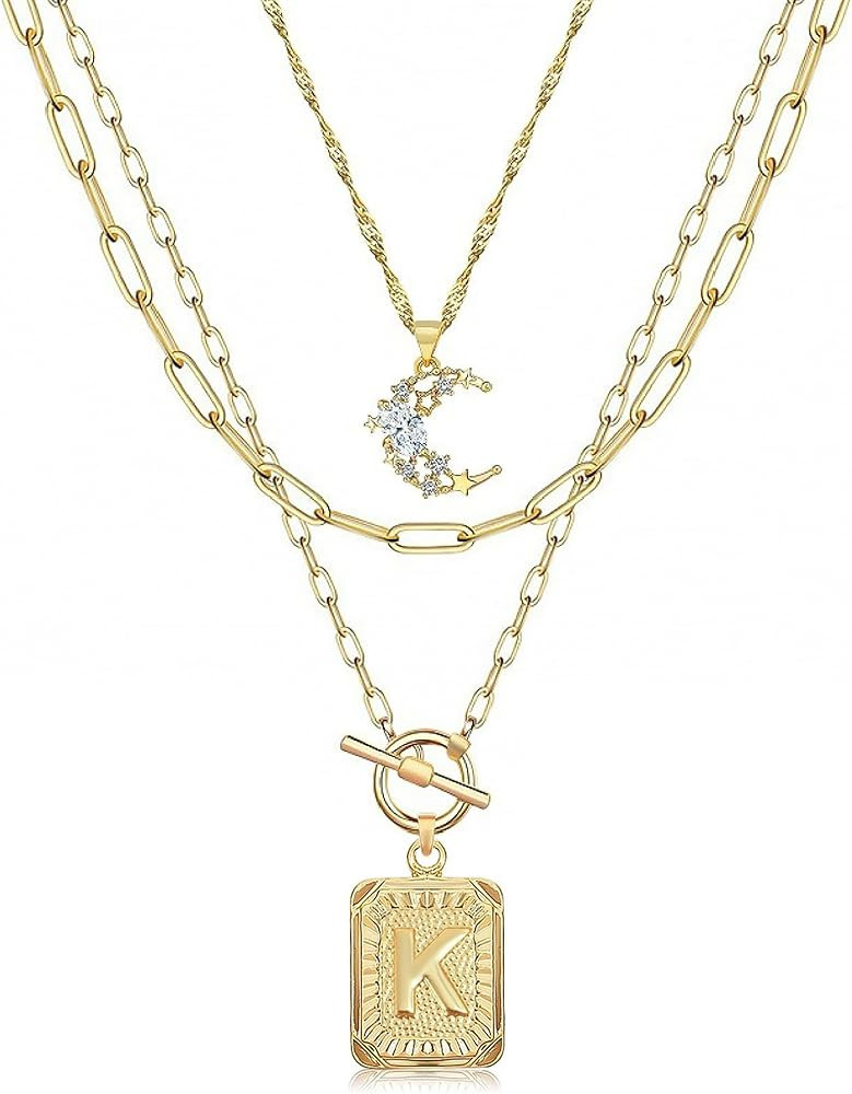 MJartoria Layered Initial Necklaces for Women Trendy, 14K Gold Plated Brass Simple Moon Choker Sq... | Amazon (US)