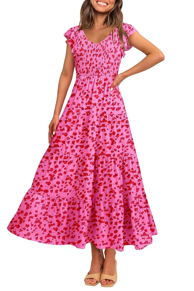 MASCOMODA Womens Summer Maxi Dress Casual V Neck Cap Sleeve Smocked Dresses Ruffle Tiered Beach P... | Amazon (US)