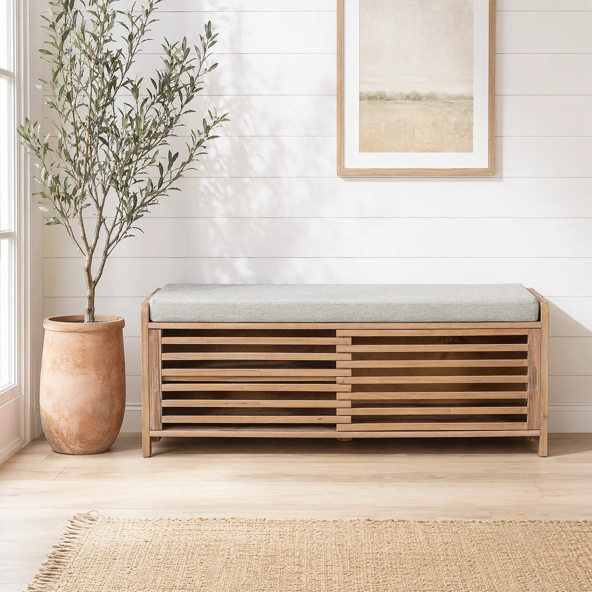 Rustic Entryway Storage Bench With Cushion - Shutter Door Organizer For Shoes And Accessories | Wayfair North America