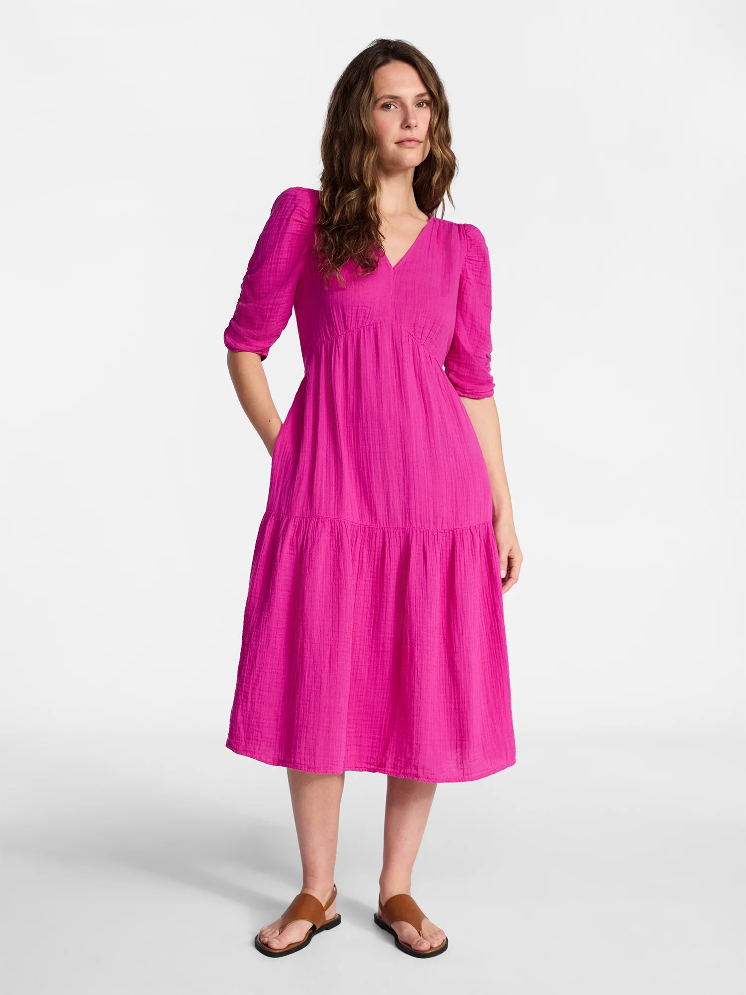 Time and Tru Women's Cotton Tiered Midi Dress with Elbow Length Sleeves, Sizes XS-XXXL | Walmart (US)
