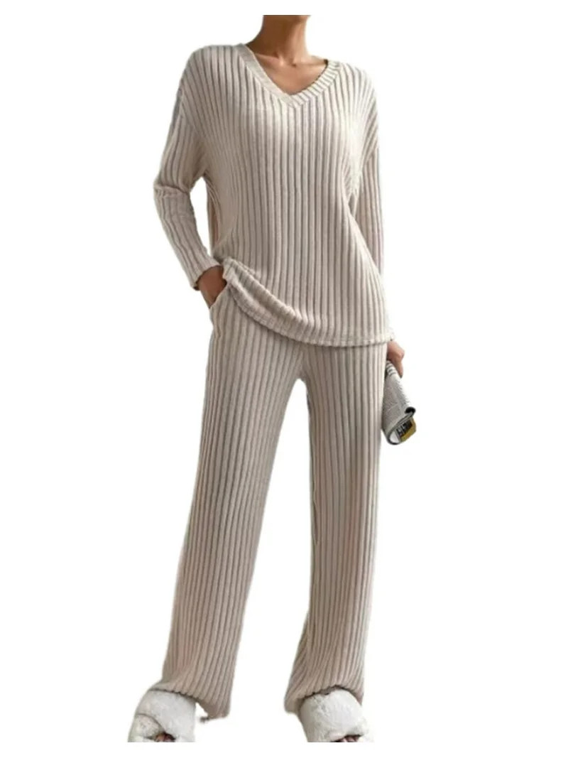 Lounge Sets for Women Ribbed Knit Outfits Pajamas Sets 2 Piece Long Sleeve Sweatsuits with Pocket... | Walmart (US)