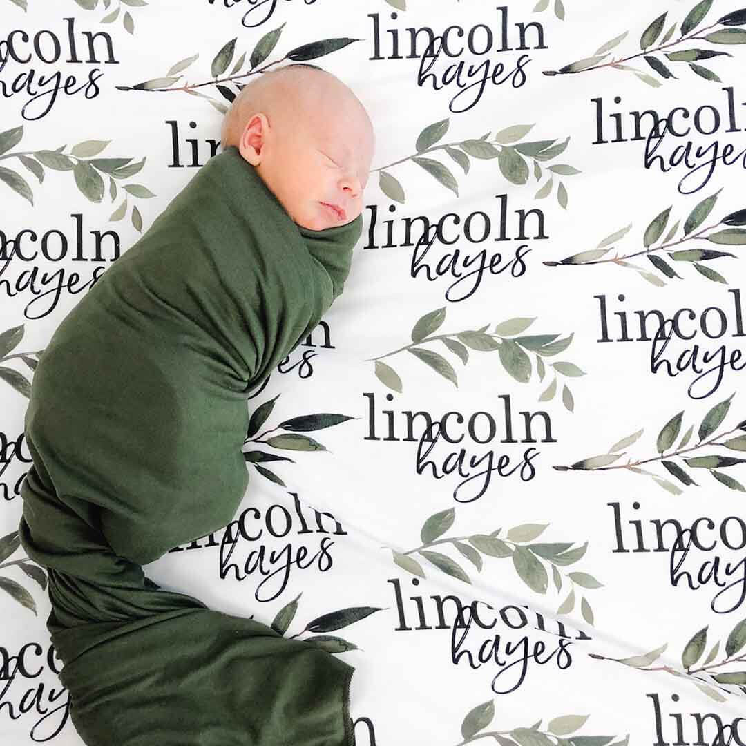 Olive Leaf Personalized Baby Name Swaddle Blanket | Caden Lane