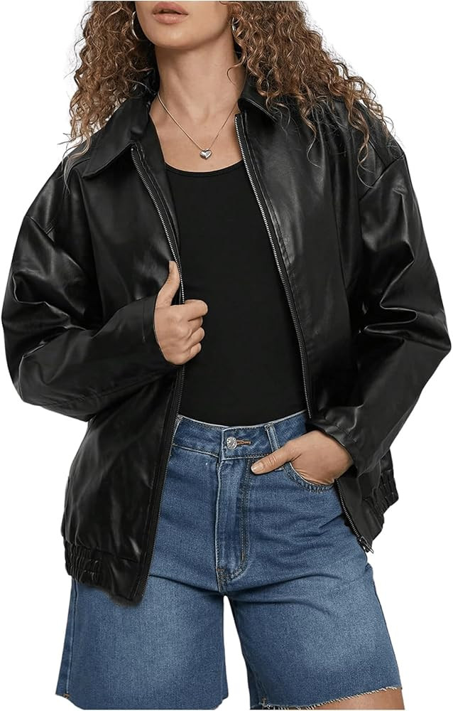 MakeMeChic Women's Faux Leather Shacket Long Sleeve Zip Up Motorcycle Jacket Biker Coat | Amazon (US)