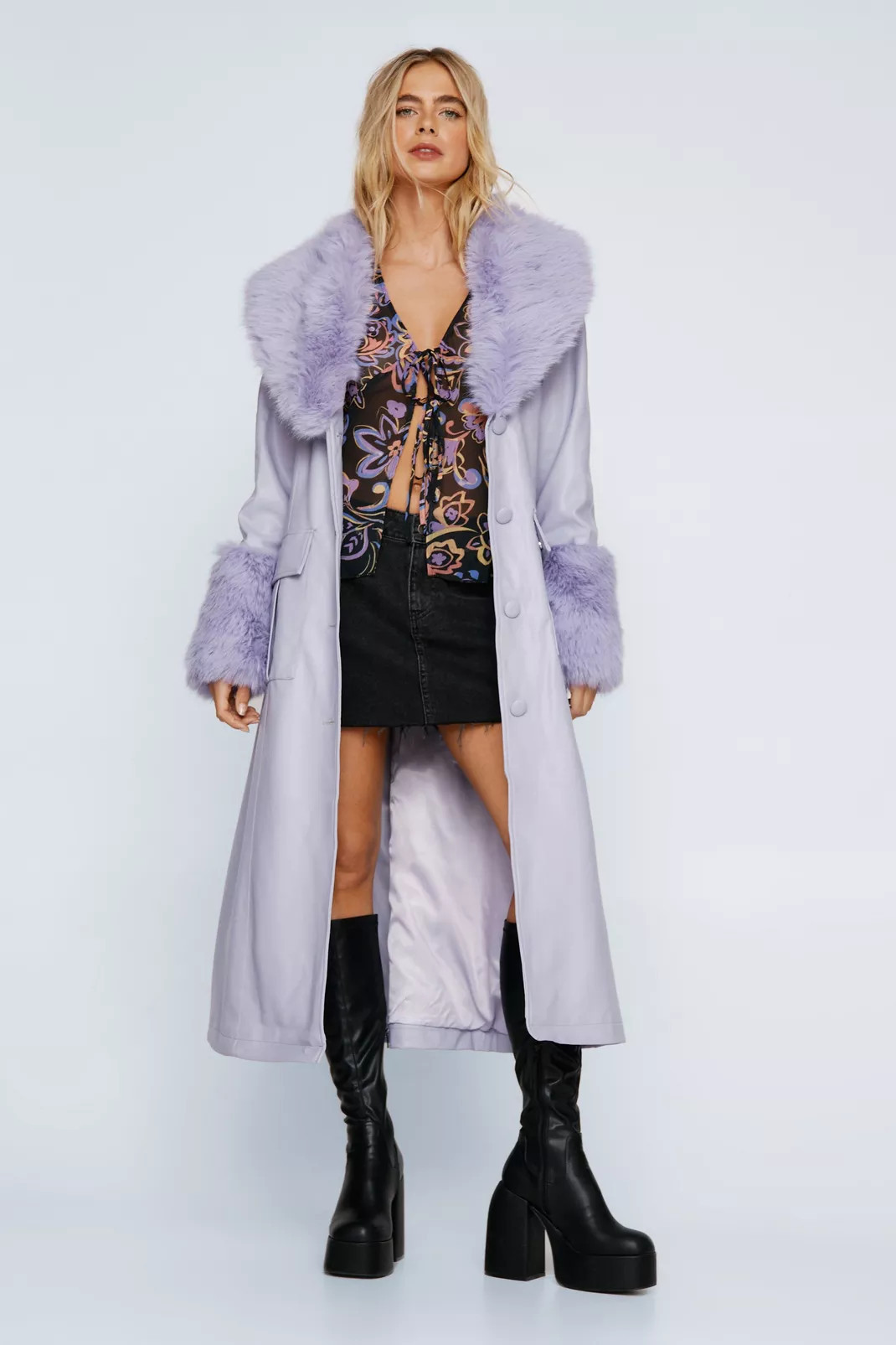 Fur Trim Belted Faux Leather Coat | Nasty Gal (US)