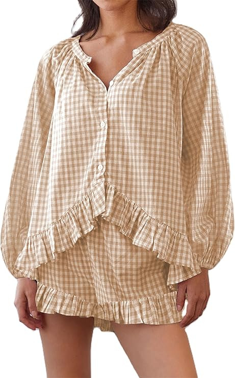 Thopavenoir Women Plaid 2 Piece Pajama Outfits Button Down Ruffle Babydoll Shirt + Wide Leg Short... | Amazon (US)