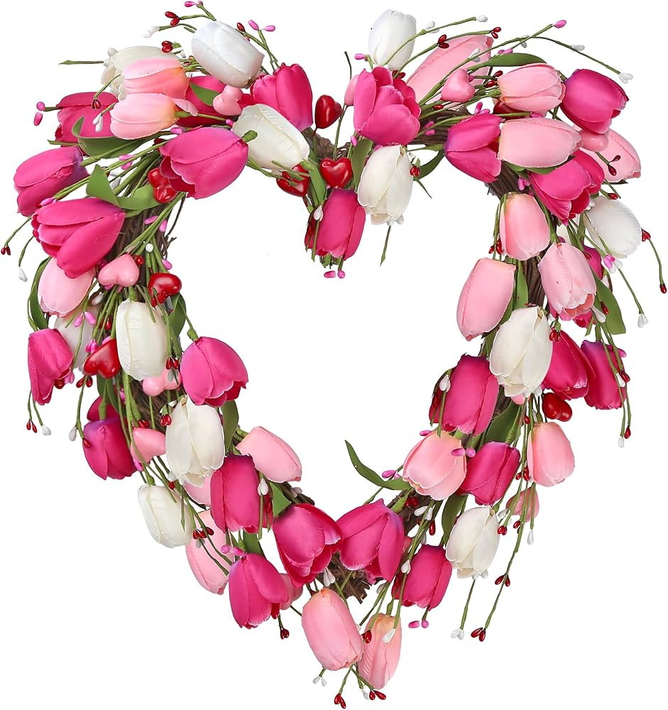Sggvecsy 19in Valentine's Day Tulip Wreath for Front Door Artificial Pink Flower Wreath Spring Su... | Amazon (US)