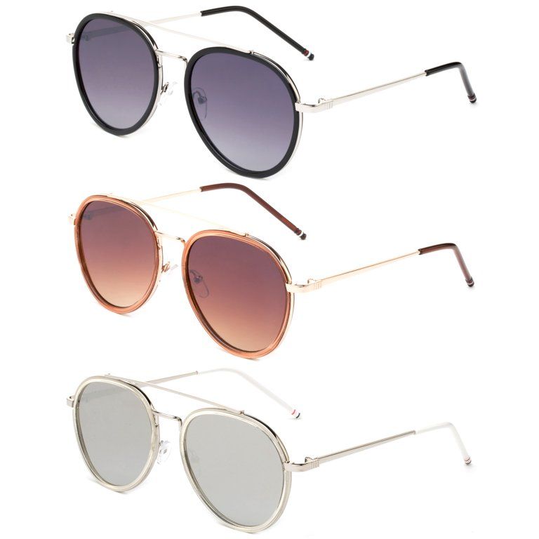 3 Pack Metal Plastic Dual Rim Aviator Fashion Sunglasses for Women, Flat Lens , Purple, Brown & M... | Walmart (US)