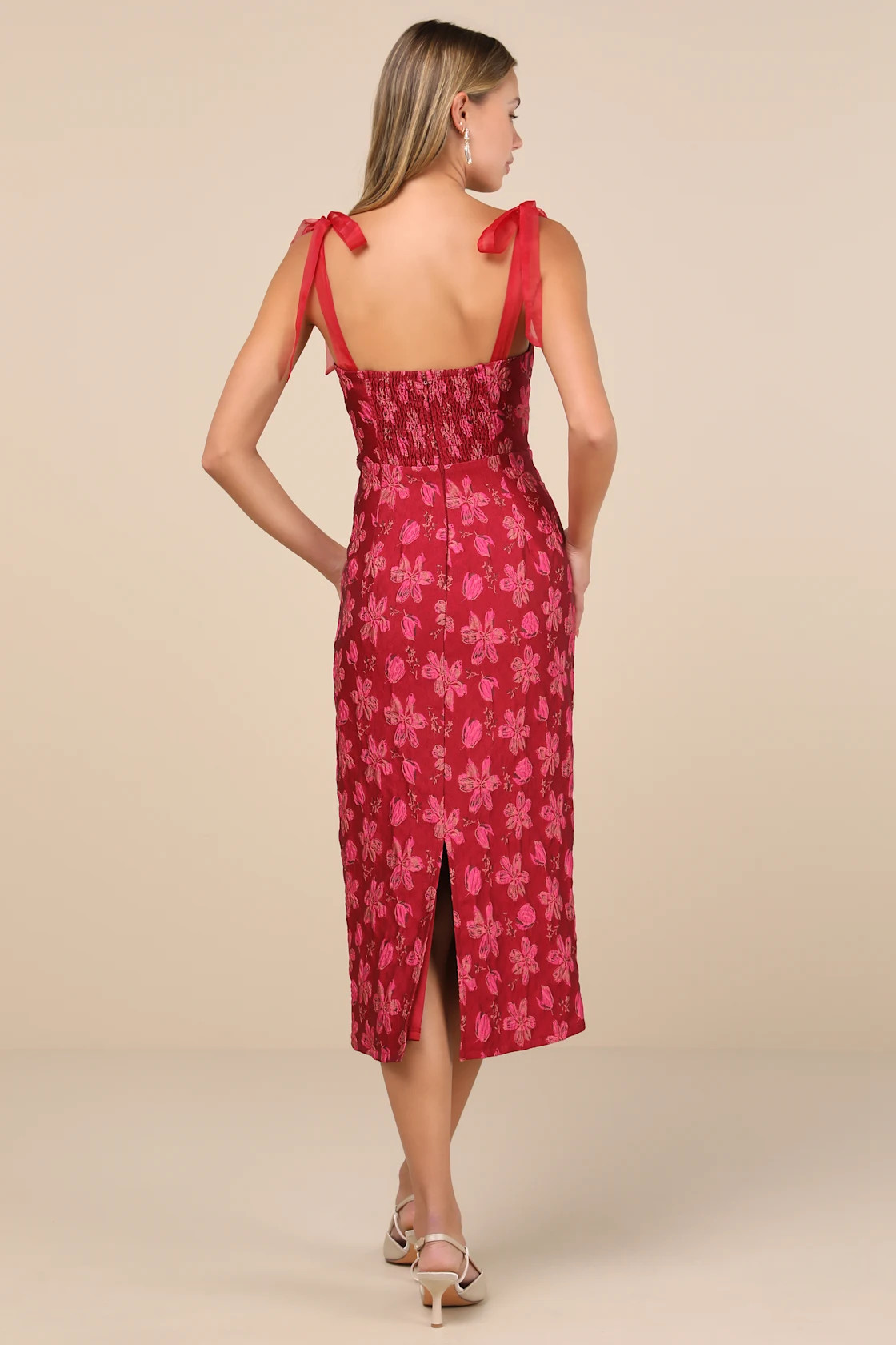 Lovely Darling Magenta Floral Jacquard Tie-Strap Midi Dress | Lulus