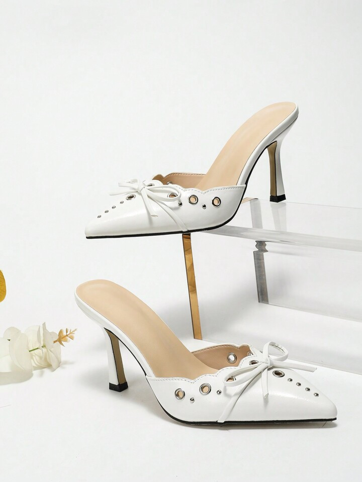 Women's Fashion Pointed Toe White Bow Tie Citrus Party Dress Simple Slip-On Thin High Heel Weddin... | SHEIN