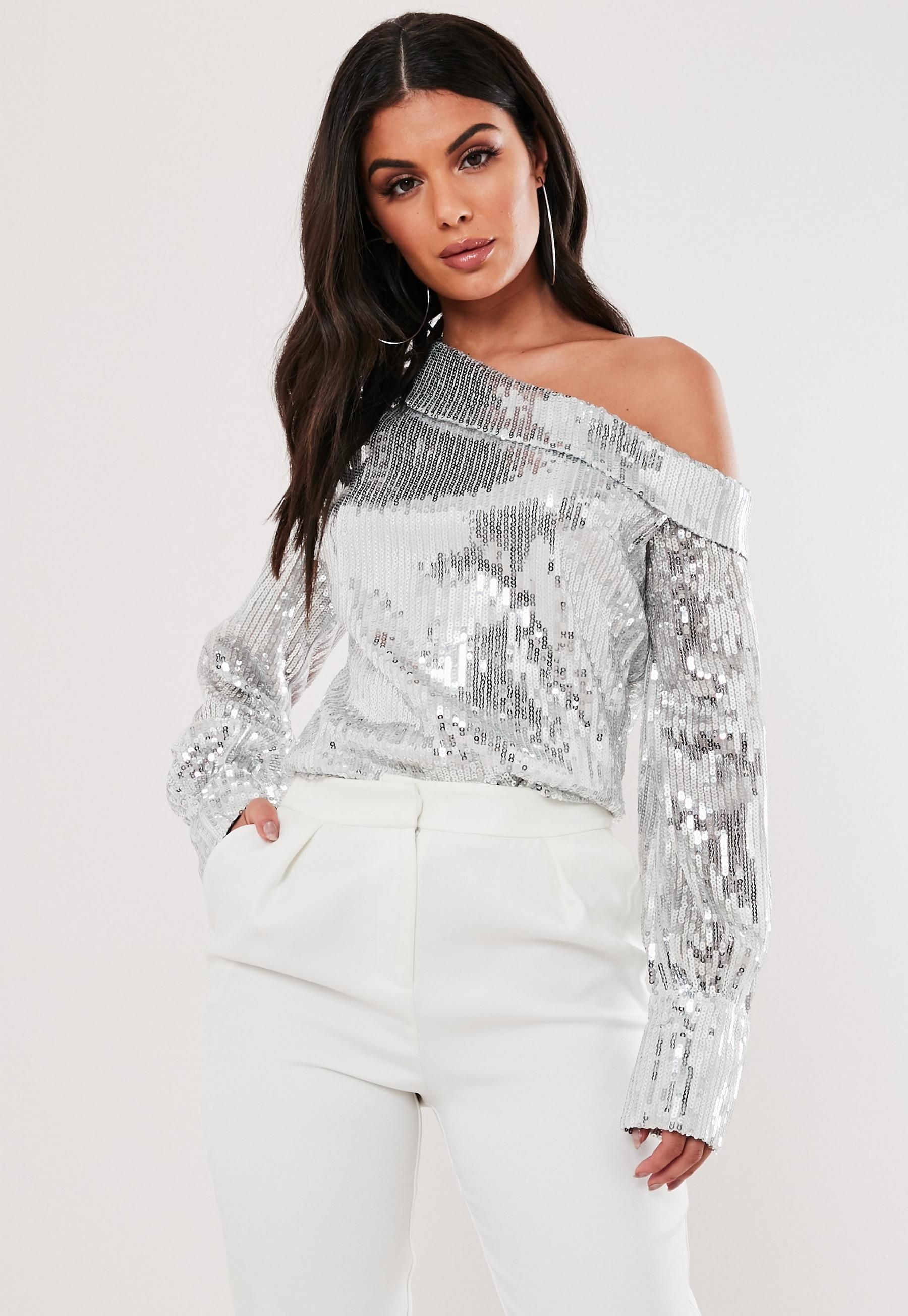 Missguided - Silver Sequin One Shoulder Deep Cuff Top | Missguided (US & CA)