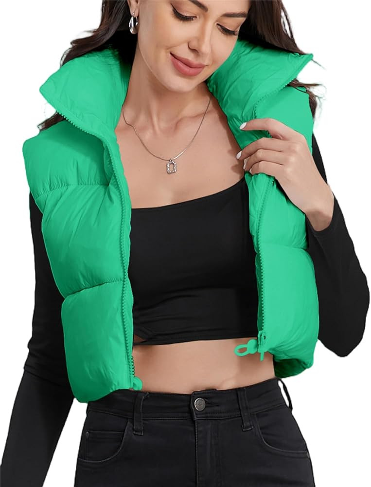 Womens Padded Crop Vest High Stand Collar Lightweight Zip Crop Puffer Gilet | Amazon (US)