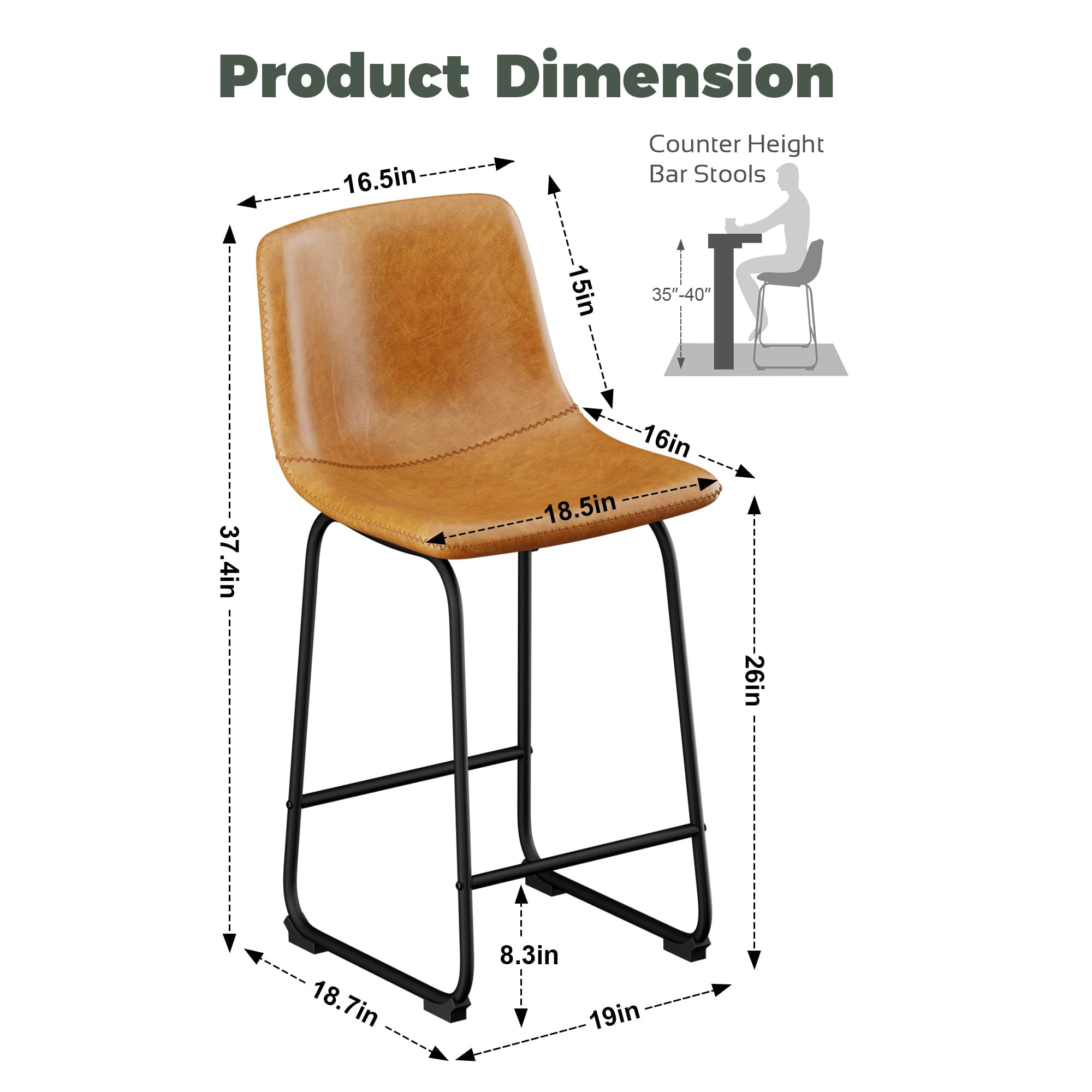 26 inch Bar Stools Set of 2, Modern Bar Height Barstools, Faux Leather Barstools with Back and Me... | Amazon (US)