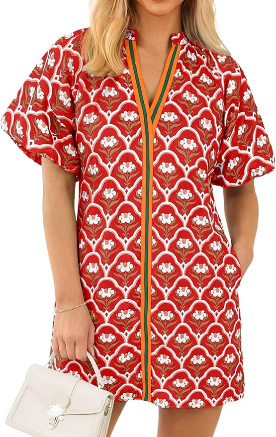 Wenrine Womens Summer Dresses Casual Floral Puff Sleeve V Neck Boho Loose Beach Mini Dress with P... | Amazon (US)
