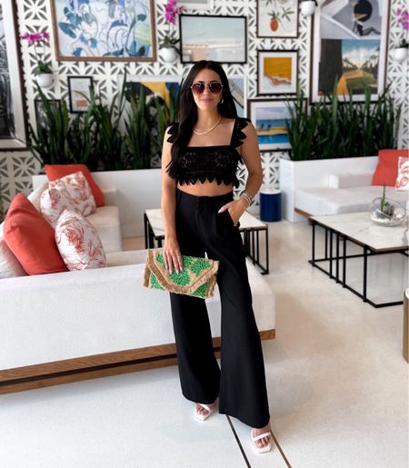 Vacation outfit inspo — cropped crochet top with blank trouser pants (wearing small in both) + a cute woven crochet bag for summer! #resort #summeroutfits 

#LTKFind #LTKstyletip #LTKFestival