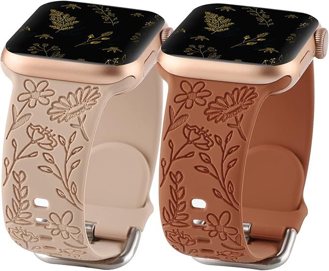 2 Pack Flower Engraved Sport Strap Compatible with Apple Watch Bands 38mm 40mm 41mm, Women Floral... | Amazon (US)