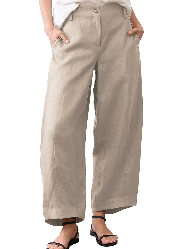 Xiaoxuemeng Linen Pants Women Wide Leg Capri Beach Pants Elastic Waisted Baggy Linen Trousers | Amazon (US)
