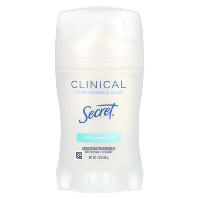 Secret, Clinical 72 HR Invisible Solid Deodorant, Free & Sensitive , 1.6 oz (45 g) | iHerb