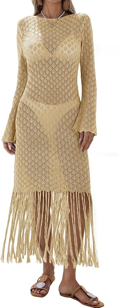 Fisoew Women's Swimsuit Crochet Cover Ups Summer Long Sleeve Tie Back Fringe Hem Beach Vacation C... | Amazon (US)