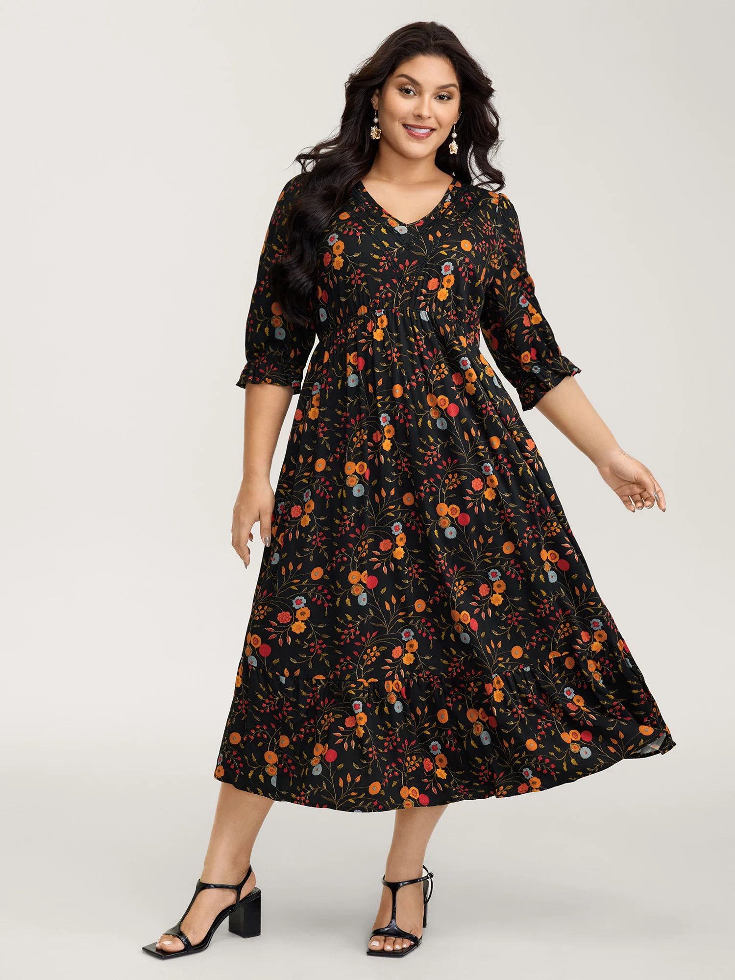 Floral Branch Print Lace Trim Maxi Dress | Bloomchic