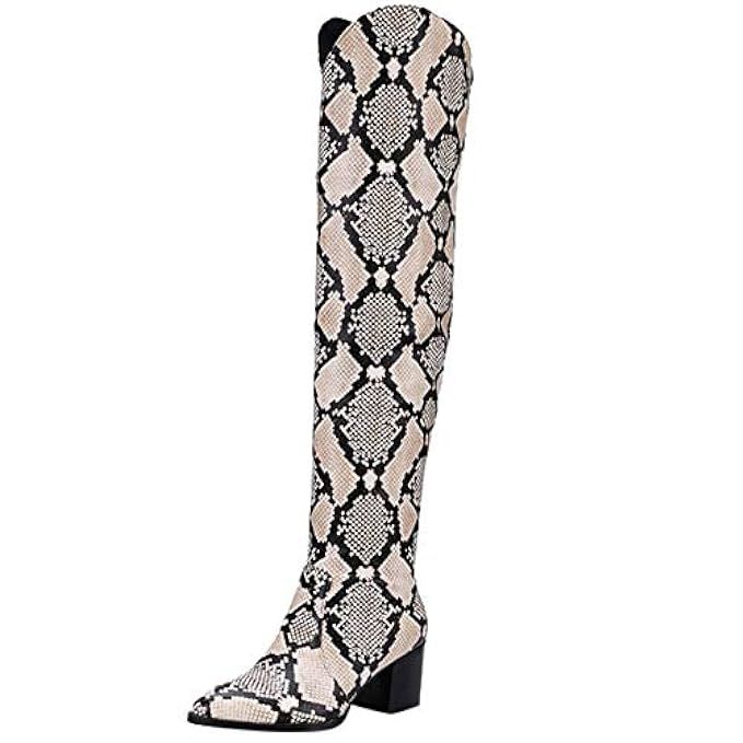 Cenglings Women Big Size Snake Pattern High Heel Shoes Retro Knight Boots Over-The-Knee Winter Boot  | Amazon (US)