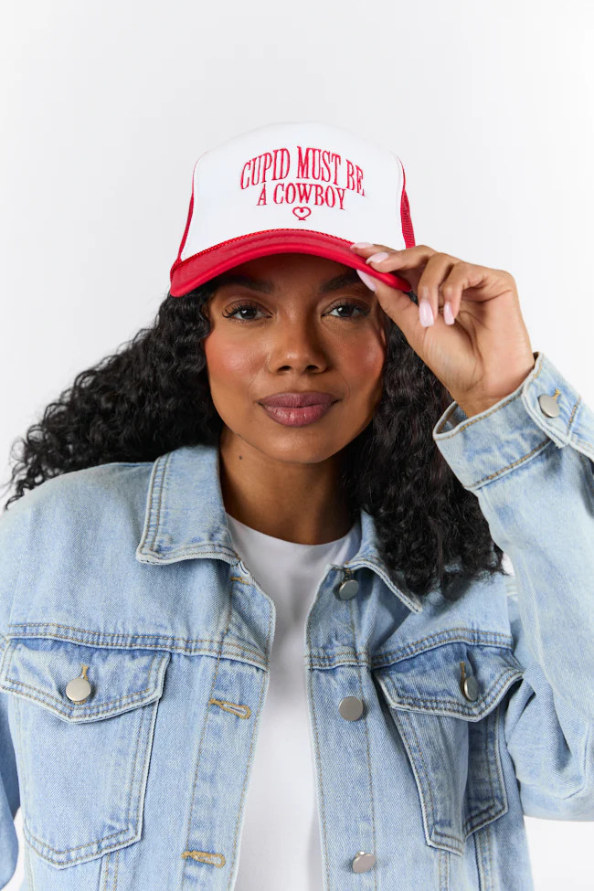Cupid Must Be A Cowboy Red and White Trucker Hat FINAL SALE | Pink Lily