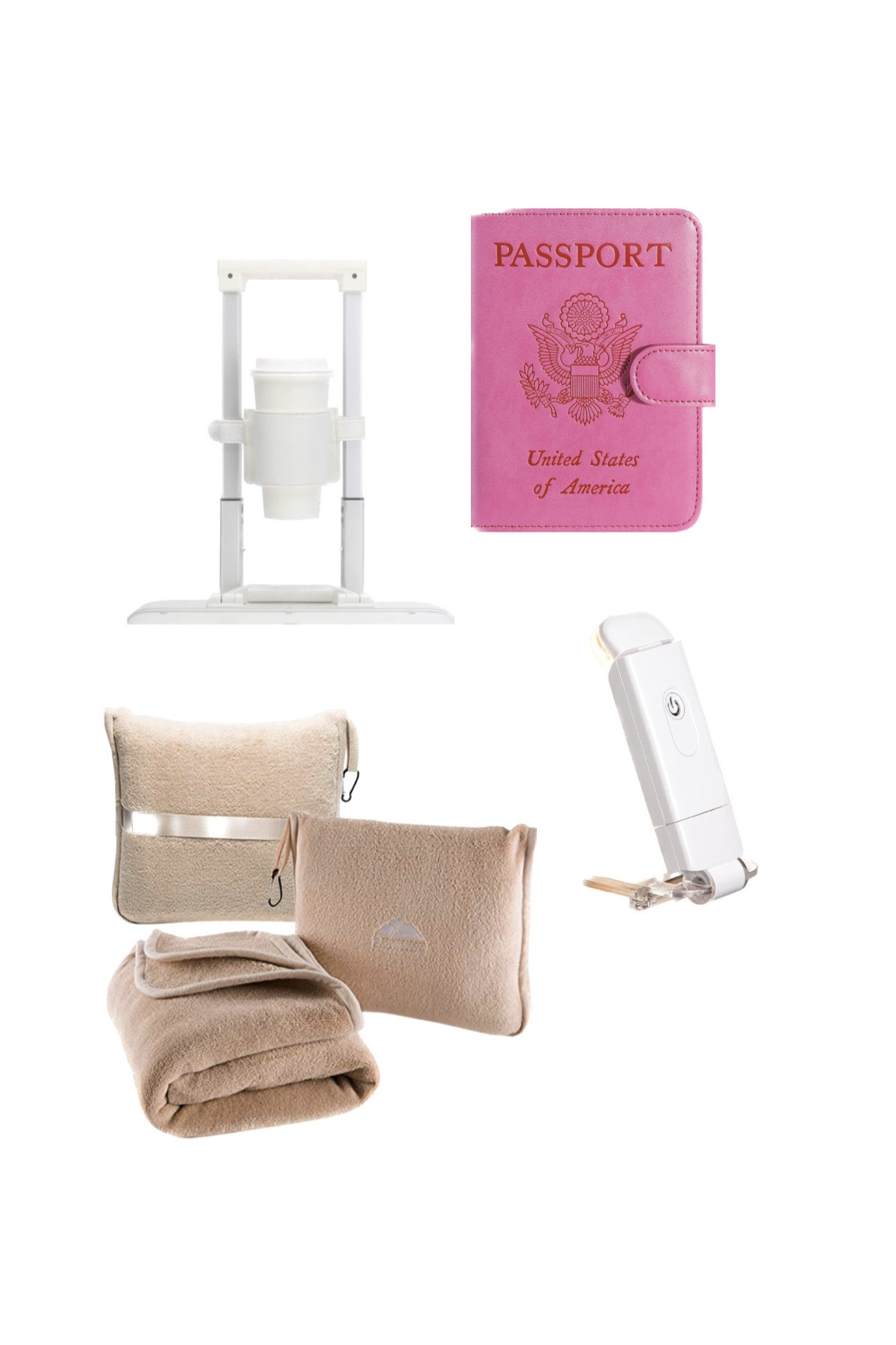 Flight necessities for your summer traveling! Cupholder for your suitcase, cute passport cover, clip-on reading light, & travel pillow and blanket!🫶🏼

#LTKFind #LTKSeasonal #LTKtravel