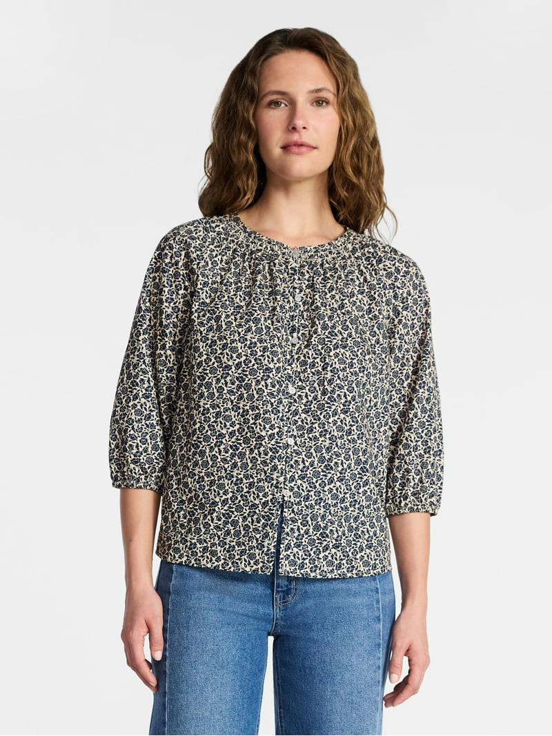 Time and Tru Women's Cotton Button Front Blouse with ¾ Length Sleeves, Sizes XS-XXXL | Walmart (US)