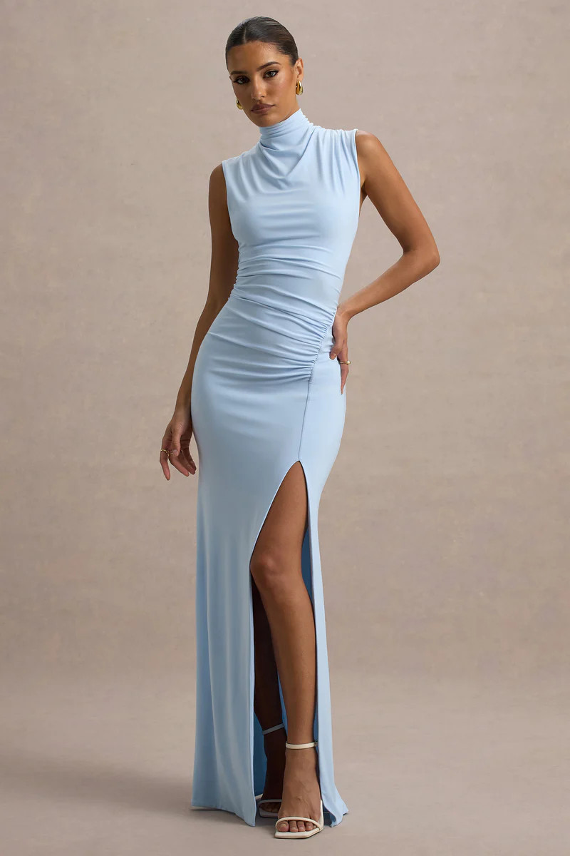 Lanetta  Powder Blue Ruched High-Neck Maxi Dress With Split | Club L London