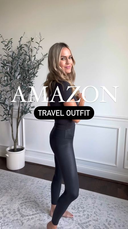 Travel outfit idea - faux leather leggings (xs 25”) and seamless short sleeve top (xs).  Oversized cardigan sweater (small) crossbody bag and neutral sneakers 
.

airport outfit, travel outfit, petite outfit, fall outfit

#LTKtravel #LTKstyletip #LTKfindsunder50