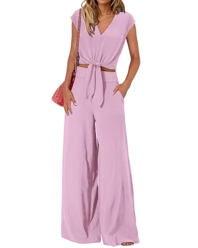 PRETTYGARDEN Women's Summer 2 Piece Outfits 2026 Cap Sleeve V Neck Belted Crop Tops Wide Leg Pant Sets Casual Tracksuit(Solid Light Purple,X-Large) | Amazon (US)