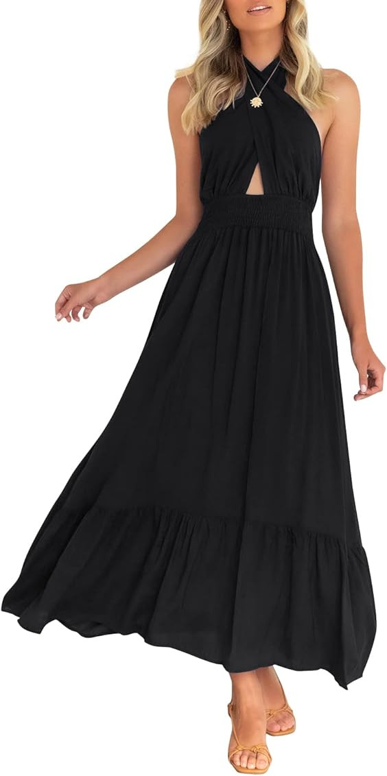 ZESICA Women's 2023 Summer Crossover Halter Neck Sleeveless Plaid Cut Out Backless Flowy A Line Maxi | Amazon (US)