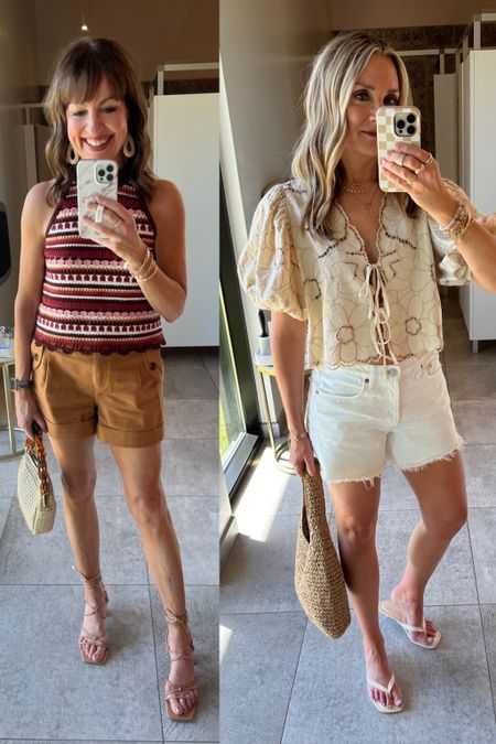 Wine tasting outfits! Sezane crochet top and shorts, free people ecru front tie eyelet top, white agolde Parker long denim cutoff shorts. Weekend outfit, vacation outfit, concert outfit 

#LTKStyleTip #LTKOver40 #LTKTravel