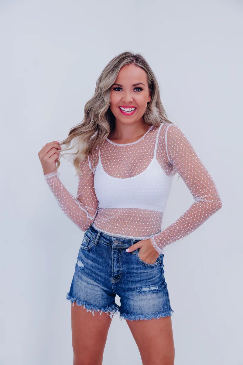 Harlequin Pearl Mesh Crop Top- White | Whiskey Darling Boutique