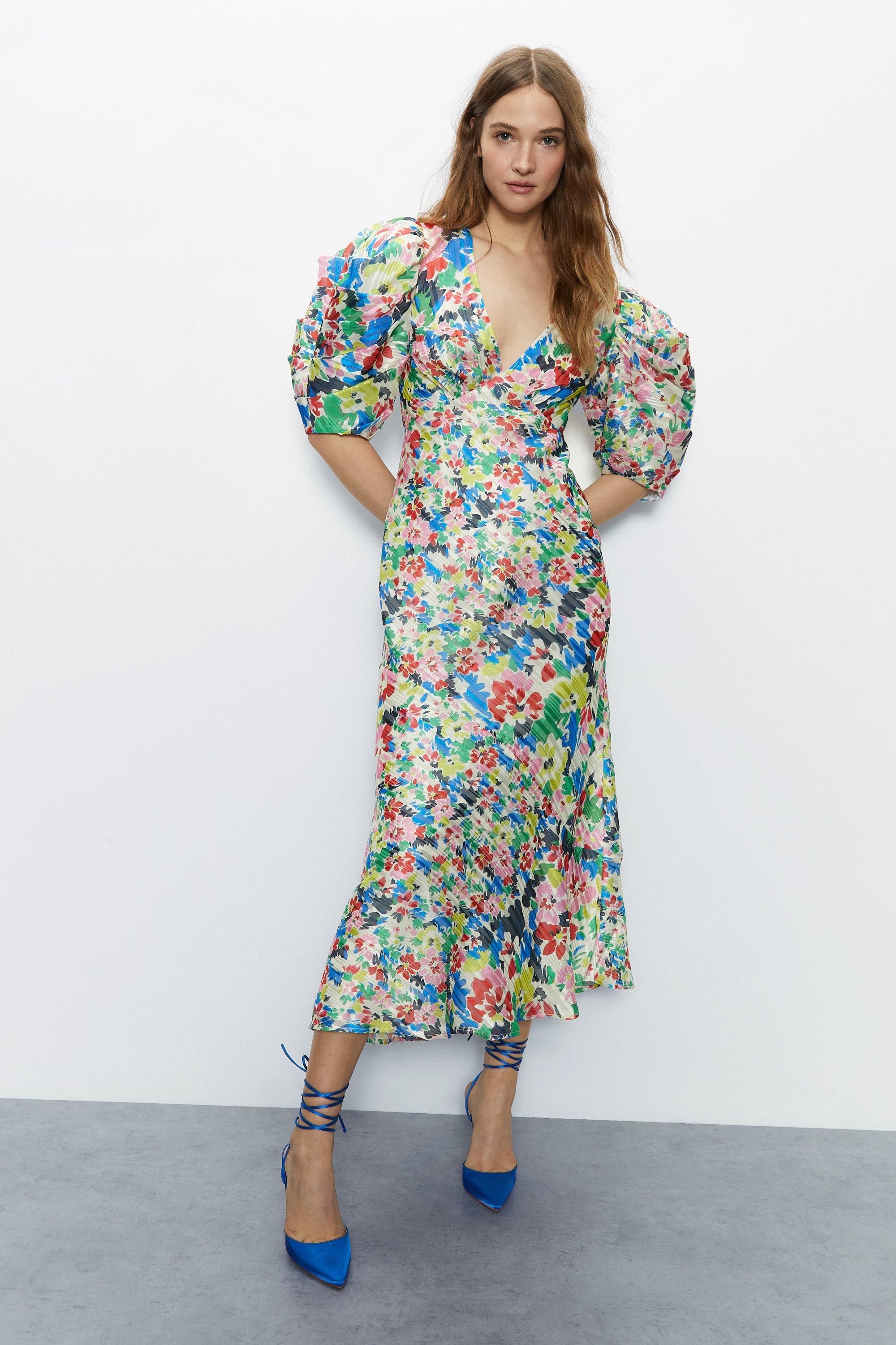 Bright Floral Print Puff Sleeve V Neck Dress | Warehouse UK & IE