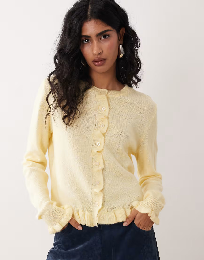 JDY frill details knitted cardigan in pastel yellow | ASOS (Global)