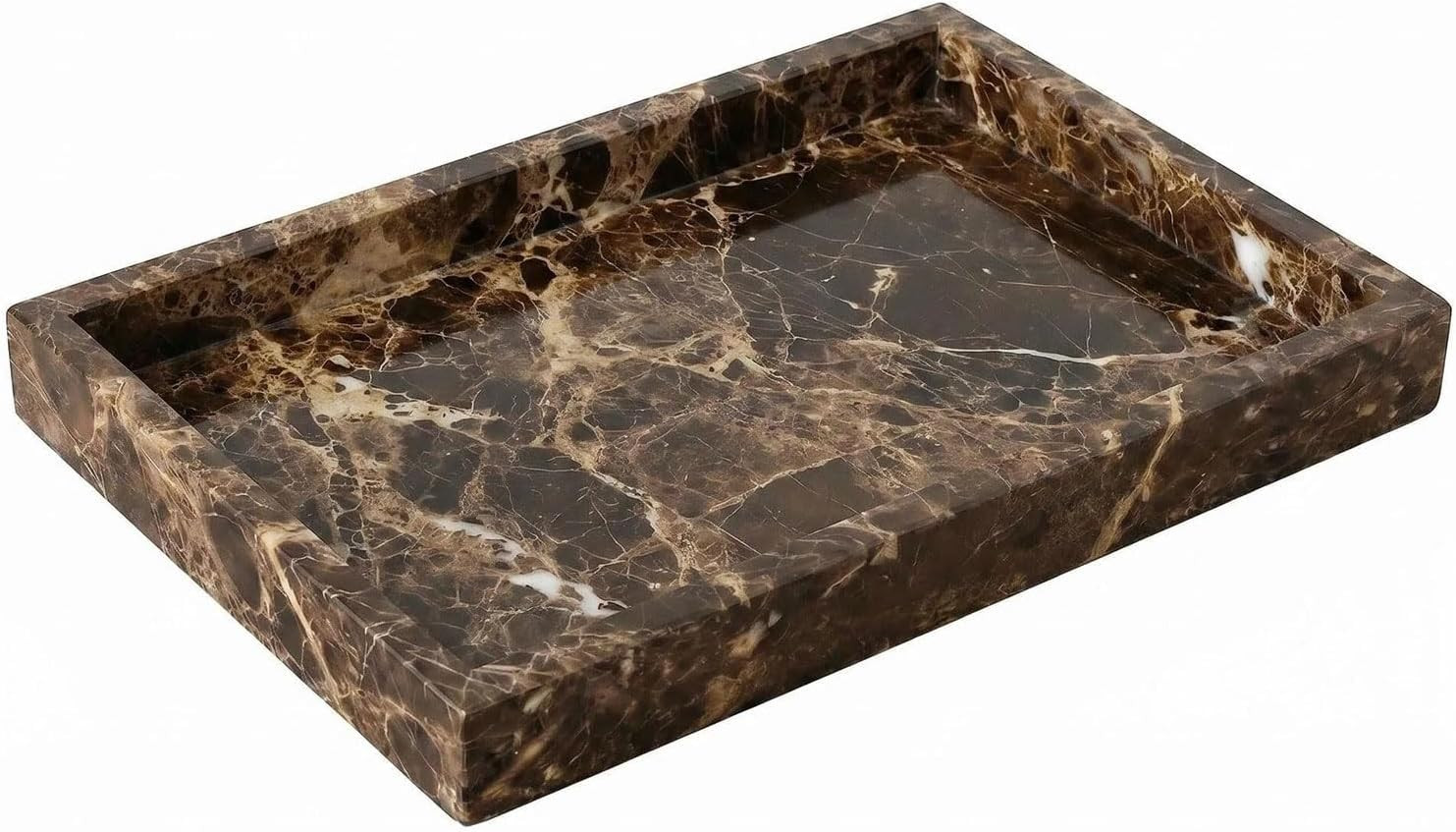 Natural Marble Tray Heavyweight Stone Vanity Tray for Bathroom Countertop, Coffee Table & Dresser - Handcrafted Rectangular Organizer (Coffee Brown, 12" x 8" x 1.2") | Amazon (US)