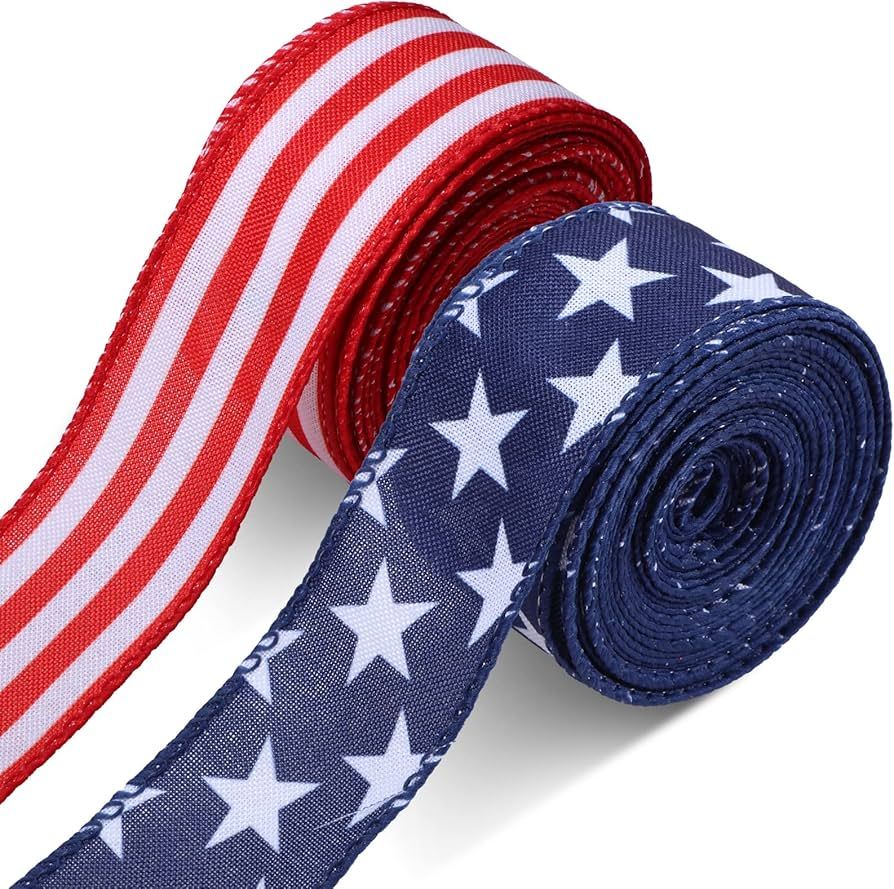 2 Rolls 20 Yard Red White and Blue Ribbon Patriotic Star and Striped Wired Ribbon Royal Blue USA ... | Amazon (US)