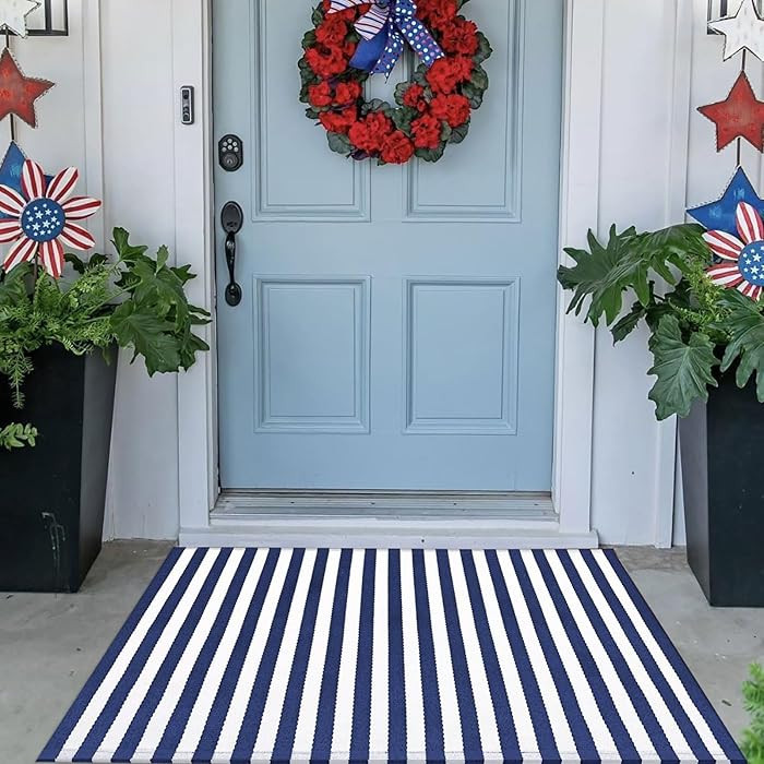 CAINANEL Blue and White Striped Rug 4th of July Door Mat Summer Front Porch Rug Independence Day ... | Amazon (US)
