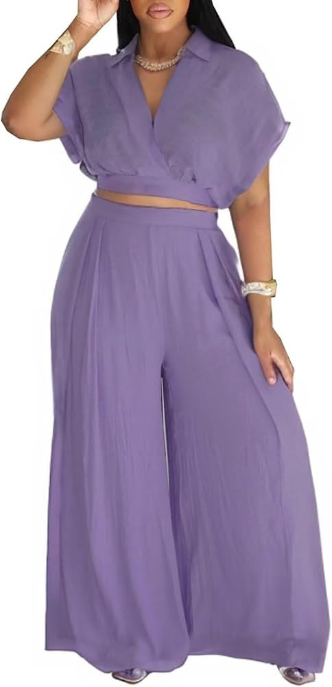 KEYUFANG Women's Summer 2 Piece Outfits Wrap V Neck Crop Top and Wide Leg Pants Sets Casual Vacat... | Amazon (US)