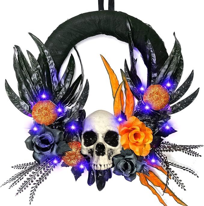 TURNMEON 16 Inch Prelit Halloween Skull Wreath Decoration, Purple Lights 20 LED Battery Operated ... | Amazon (US)
