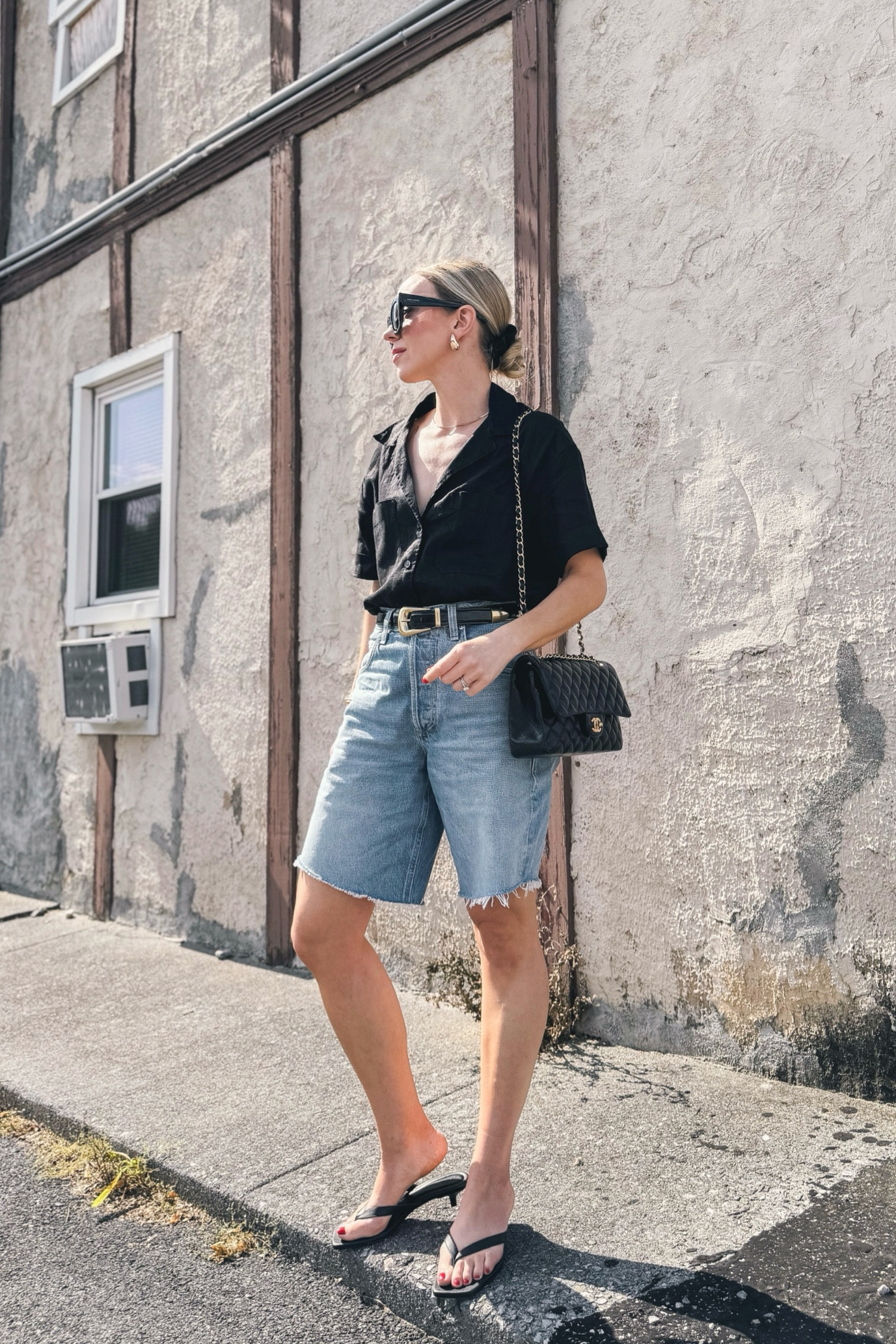 Black linen shirt, Citizens of Humanity denim bermuda shorts, kitten heel thong sandals, minimal summer outfit 

#LTKOver40 #LTKShoeCrush #LTKFindsUnder50