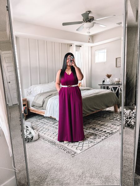 Amazon outfit! I’m 5’1”, size 10-12, wearing a large in the jumpsuit (true to size). Shade is dark purple. It’s a little long on me but with the platform sandals, it’s perfect. Sandals are true to size! 

#LTKfindsunder50 #LTKmidsize