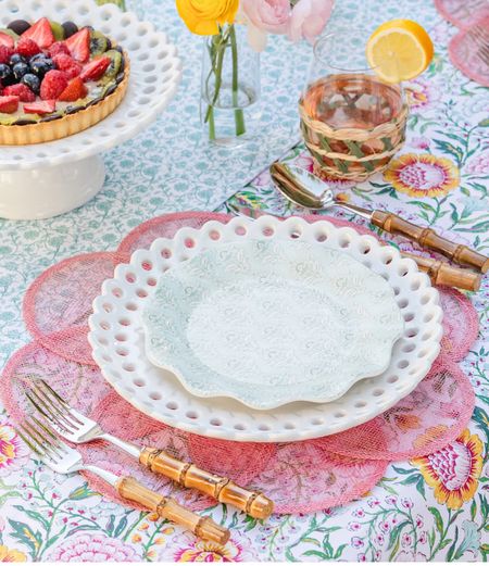 Beautiful dishes, pierced plates, spring entertaining, Easter tablescape, Easter table setting, Easter decor, grandmillennial decor pink placemats outdoor entertaining 

#LTKhome #LTKFind #LTKunder50